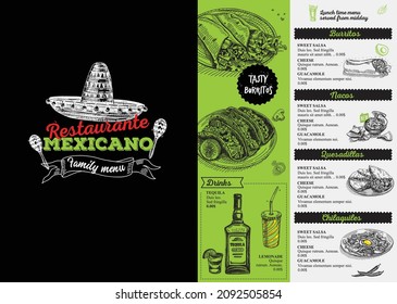 Mexican menu with Nachos, Quesadillas, Burritos, Tacos, Tamales and Tequilas. Sketchy hand-drawn vector illustration.