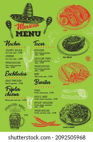 Mexican menu with Nachos, Quesadillas, Burritos, Tacos, Tamales and Tequilas. Sketchy hand-drawn vector illustration.