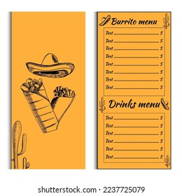 Mexican menu placemat food restaurant, burrito Menu Template. Vintage creative dinner brochure with hand-drawn graphic. Vector food menu flyer.
