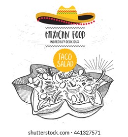 Mexican menu placemat food restaurant, menu template design. Vintage creative dinner brochure with hand-drawn graphic. Vector food menu flyer. 