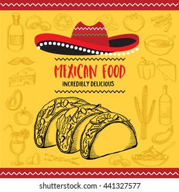 Mexican menu placemat food restaurant, menu template design. Vintage creative dinner brochure with hand-drawn graphic. Vector food menu flyer. 