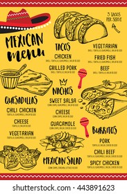 Mexican menu placemat food restaurant, menu template design. Vintage creative dinner brochure with hand-drawn graphic. Vector food menu flyer. 