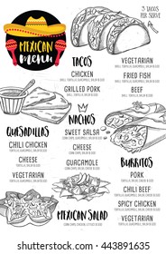 Mexican menu placemat food restaurant, menu template design. Vintage creative dinner brochure with hand-drawn graphic. Vector food menu flyer. 