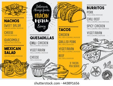 Mexican menu placemat food restaurant, menu template design. Vintage creative dinner brochure with hand-drawn graphic. Vector food menu flyer. 