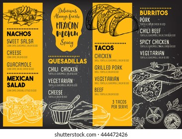 Mexican menu placemat food restaurant, menu template design. Vintage creative dinner brochure with hand-drawn graphic. Vector food menu flyer. 