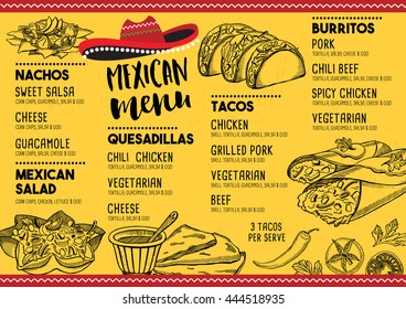 Mexican menu placemat food restaurant, menu template design. Vintage creative dinner brochure with hand-drawn graphic. Vector food menu flyer. 