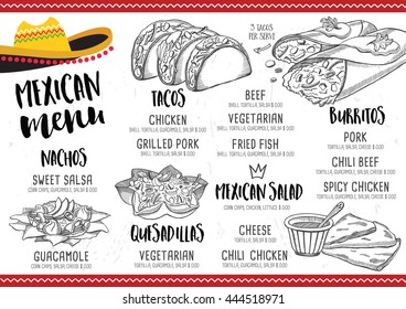 Mexican menu placemat food restaurant, menu template design. Vintage creative dinner brochure with hand-drawn graphic. Vector food menu flyer. 