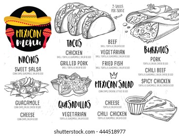 Mexican menu placemat food restaurant, menu template design. Vintage creative dinner brochure with hand-drawn graphic. Vector food menu flyer. 