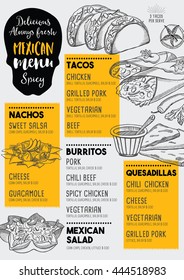 Mexican menu placemat food restaurant, menu template design. Vintage creative dinner brochure with hand-drawn graphic. Vector food menu flyer. 