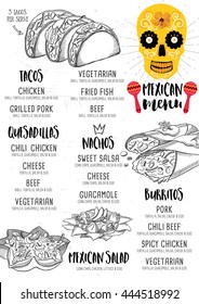 Mexican menu placemat food restaurant, menu template design. Vintage creative dinner brochure with hand-drawn graphic. Vector food menu flyer. 