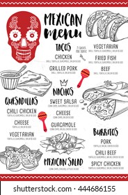 Mexican menu placemat food restaurant, menu template design. Vintage creative dinner brochure with hand-drawn graphic. Vector food menu flyer. 