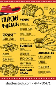 Mexican menu placemat food restaurant, menu template design. Vintage creative dinner brochure with hand-drawn graphic. Vector food menu flyer. 