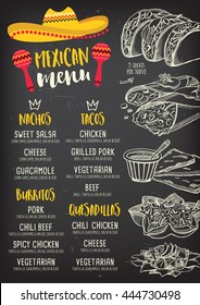 Mexican menu placemat food restaurant, menu template design. Vintage creative dinner brochure with hand-drawn graphic. Vector food menu flyer. 