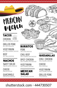 Mexican menu placemat food restaurant, menu template design. Vintage creative dinner brochure with hand-drawn graphic. Vector food menu flyer. 