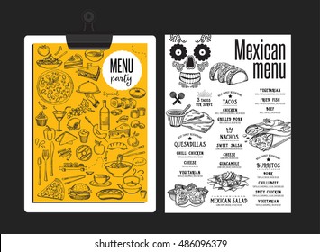 Mexican menu placemat food restaurant brochure, template design. Vintage creative dinner flyer with hand-drawn graphic. 