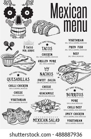 Mexican menu placemat food restaurant brochure, template design. Vintage creative dinner flyer with hand-drawn graphic. 