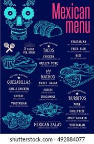 Mexican menu placemat food restaurant brochure, template design. Vintage creative dinner flyer with hand-drawn graphic. 