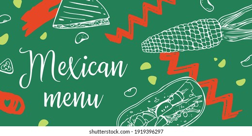 Mexican menu print design template. Quesadilla, taco and vegetables. Hand drawn outline vector sketch illustration