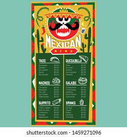 Mexican menu for restaurant and cafe. Design template with food hand-drawn graphic illustrations. - Vector
