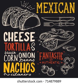 Mexican menu for restaurant and cafe. Design template with food hand-drawn graphic illustrations.