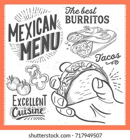 Mexican menu for restaurant and cafe. Design template with food hand-drawn graphic illustrations.