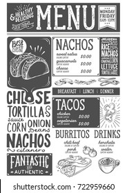 Mexican menu for restaurant and cafe. Design template with food hand-drawn graphic illustrations.