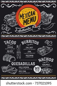 Menú mexicano para restaurante y cafetería. Plantilla de diseño con ilustraciones gráficas hechas a mano.