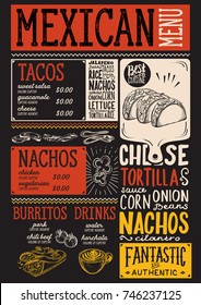 Mexican Menu For Restaurant And Cafe. Design Template With Food Hand-drawn Graphic Illustrations.