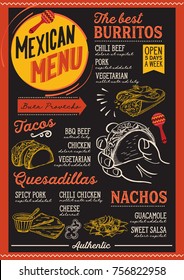 Mexican menu for restaurant and cafe. Design template with food hand-drawn graphic illustrations.