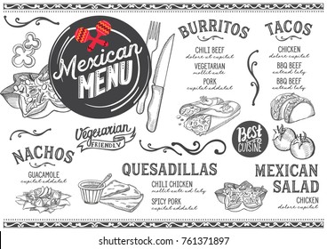 Mexican menu for restaurant and cafe. Design template with food hand-drawn graphic illustrations.