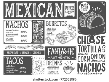 Mexican menu for restaurant and cafe. Design template with food hand-drawn graphic illustrations.