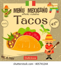 Mexican Menu. Tacos. Mexican Traditional Food. Vintage Style. Vector Illustration.