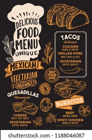 Mexican menu template for restaurant on a blackboard background vector illustration brochure for gourmet food and drink cafe. Design with vintage chefs hat lettering and doodle hand-drawn graphic.