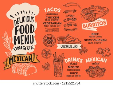 Mexican menu template for restaurant on red background vector illustration brochure for gourmet food and drink cafe. Design layout with vintage chefs hat lettering and doodle hand-drawn graphic.