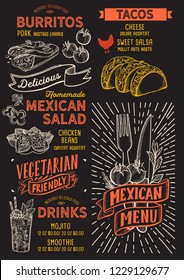 Mexican menu template for restaurant on a blackboard background vector illustration brochure for food and drink cafe. Design layout with vintage lettering and doodle hand-drawn graphic.