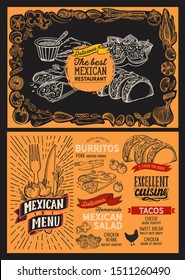 Mexican menu template for restaurant on a blackboard background vector illustration brochure for food and drink cafe. Design layout with lettering and doodle hand-drawn graphic icons.