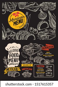 Mexican menu template for restaurant on a blackboard background vector illustration brochure for food and drink cafe. Design layout with lettering and doodle hand-drawn graphic icons.
