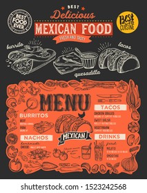 Mexican menu template for restaurant on a blackboard background vector illustration brochure for food and drink cafe. Design layout with lettering and doodle hand-drawn graphic icons.