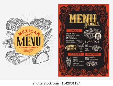 Mexican menu template for restaurant on a blackboard background vector illustration brochure for food and drink cafe. Design layout with lettering and doodle hand-drawn graphic icons.