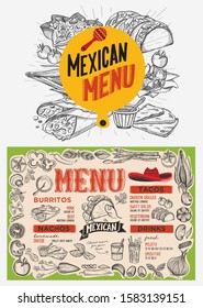 Mexican menu template for restaurant on a blackboard background vector illustration brochure for food and drink cafe. Design layout with lettering and doodle hand-drawn graphic icons.