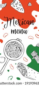 Plantilla de diseño vertical de volante de menú mexicano. Fajitas, burrito y verduras. Ilustración de esbozo vectorial dibujado a mano 