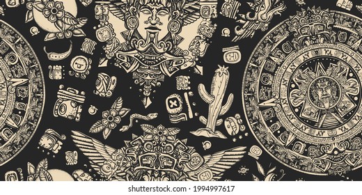 Mexican mesoamerican culture. Ancient Maya Civilization background. Aztec sun stone, golden totem and mayan glyphs seamless pattern 