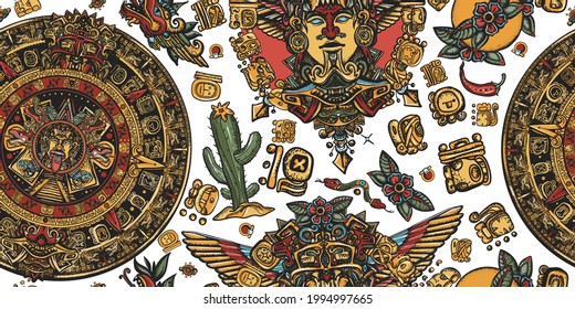 Mexican mesoamerican culture. Aztec sun stone, golden totem and mayan glyphs seamless pattern. Ancient Maya Civilization background 