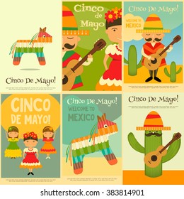 Mexican Mini Posters Set in Retro Style. Cinco de Mayo. Vector Illustration.