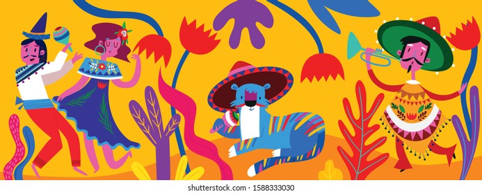 Mexican modern banner with mexican characters in flat hand drawn style. Part 1.Characters for celebration, national patterns,fiesta and decoration