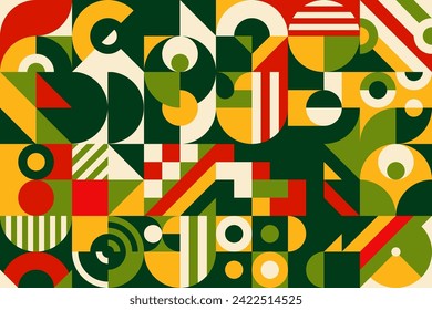 Mexican modern geometric motif with abstract Bauhaus pattern, vector background. Mexican flag colors pattern of simple minimal elements and geometric shapes in Bauhaus, Swiss or Scandinavian pattern