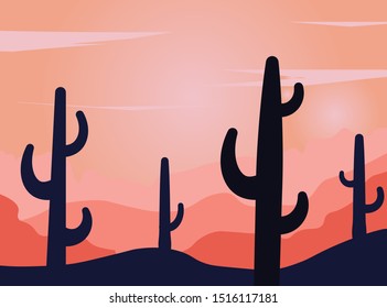 Mexican mountains, with cacti in the foreground and mountains in the background, vector