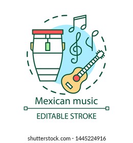 Mexican music concept icon. Latino acoustic sound party. Mariachi band instruments. Drum, guitar, musical symbols idea thin line illustration. Vector isolated outline drawing. Editable stroke
