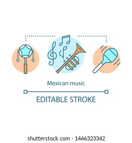 Mexican music concept icon. South American traditional music. Pellet drum, maraca, trumpet. Wind and noise instruments idea thin line illustration. Vector isolated outline drawing. Editable stroke