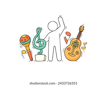 Mexican music doodle icon with guitar, maracas and man. Sketch of spanish party, concert or fiesta with music instruments. Cute doodle man with guitar and maracas, vector hand drawn illustration